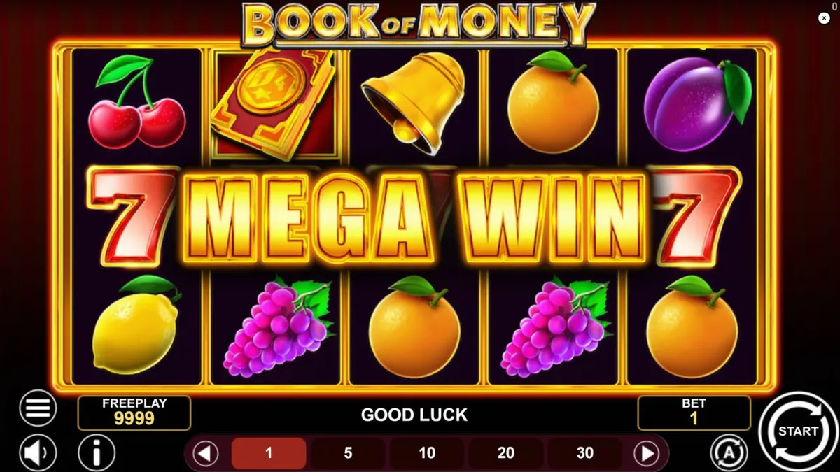 Tampilan visual slot Book of Money dengan simbol buah klasik dan buku emas