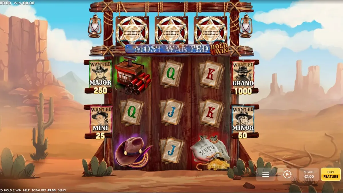 Tampilan visual permainan slot Most Wanted: Hold & Win dengan tema koboi
