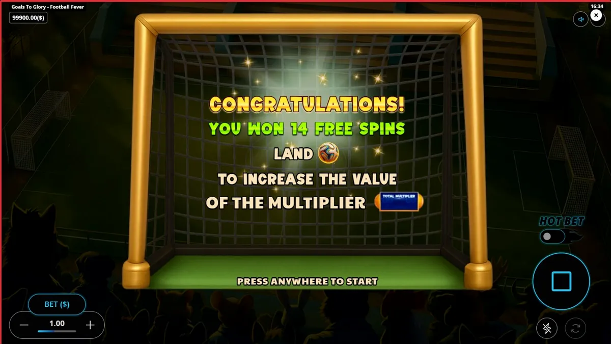 Tampilan visual slot Goals to Glory Football Fever dengan karakter hewan pemain sepak bola