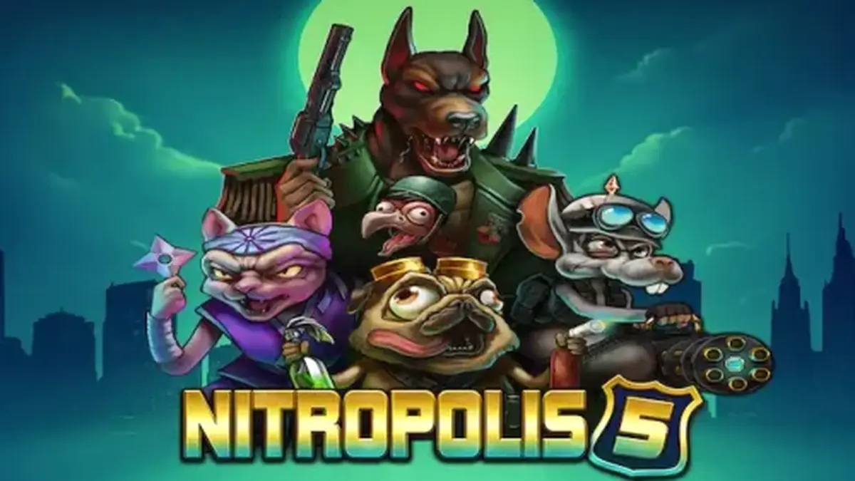 Tampilan visual intens dari slot Nitropolis 5 dengan tema pertempuran klan hewan.